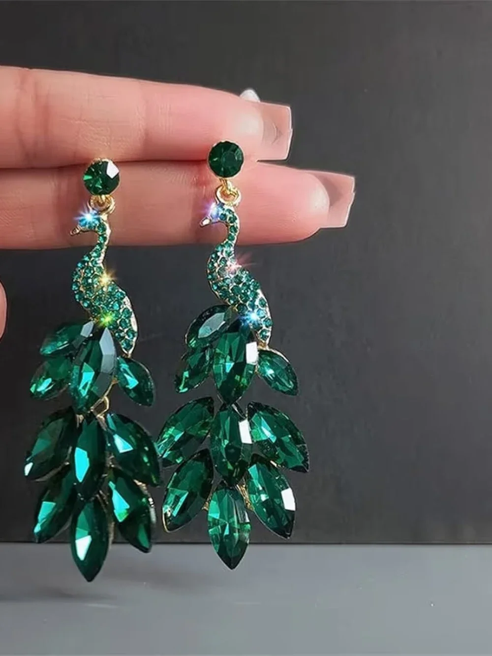14K Gold Plated Vintage Peacock Dangle Earrings Green Crystal - Picture 2 of 3